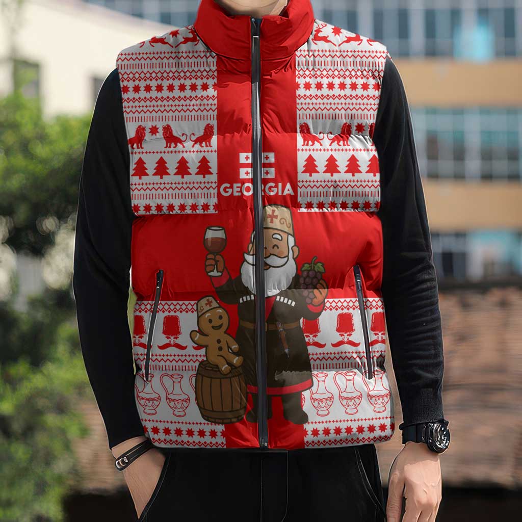 Georgia Christmas Sleeveless Puffer Jacket with Santa in Chokha Wine Barrel Gingerbread and Coat of Arms Design - Wonder Print Shop