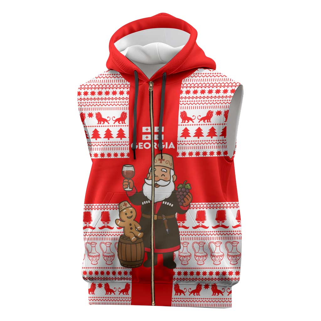 Georgia Christmas Sleeveless Zip Hoodie with Santa in Chokha Wine Barrel Gingerbread and Coat of Arms Design - Wonder Print Shop