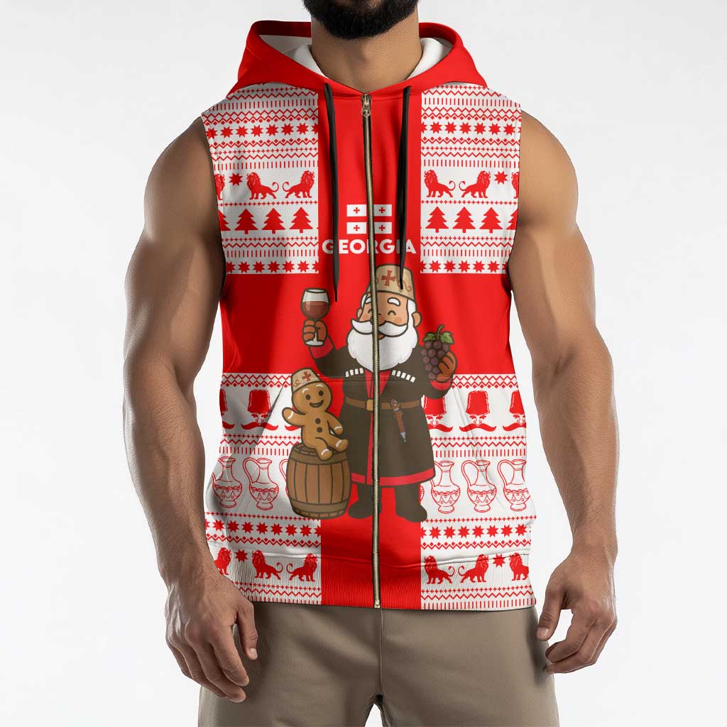 Georgia Christmas Sleeveless Zip Hoodie with Santa in Chokha Wine Barrel Gingerbread and Coat of Arms Design - Wonder Print Shop
