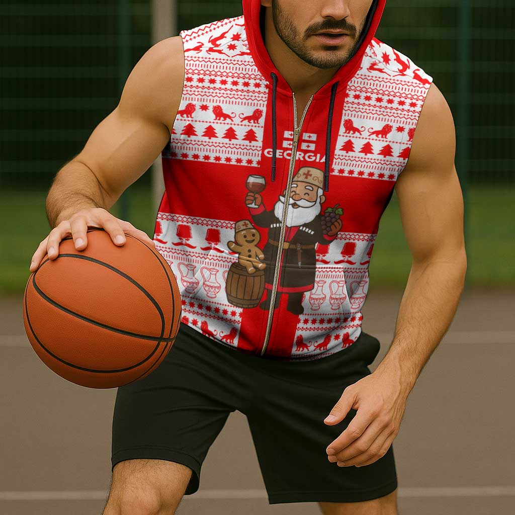 Georgia Christmas Sleeveless Zip Hoodie with Santa in Chokha Wine Barrel Gingerbread and Coat of Arms Design - Wonder Print Shop