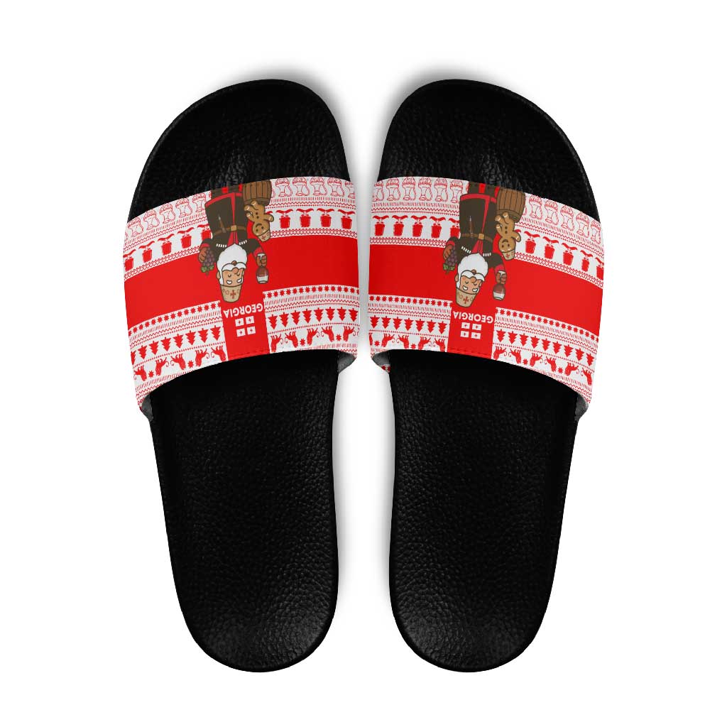 Georgia Christmas Slide Sandals with Santa in Chokha Wine Barrel Gingerbread and Coat of Arms Design - Wonder Print Shop