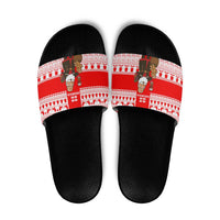 Georgia Christmas Slide Sandals with Santa in Chokha Wine Barrel Gingerbread and Coat of Arms Design - Wonder Print Shop