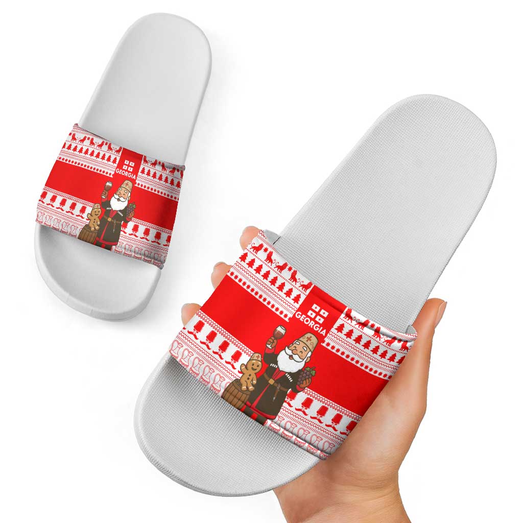 Georgia Christmas Slide Sandals with Santa in Chokha Wine Barrel Gingerbread and Coat of Arms Design - Wonder Print Shop