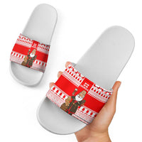 Georgia Christmas Slide Sandals with Santa in Chokha Wine Barrel Gingerbread and Coat of Arms Design - Wonder Print Shop