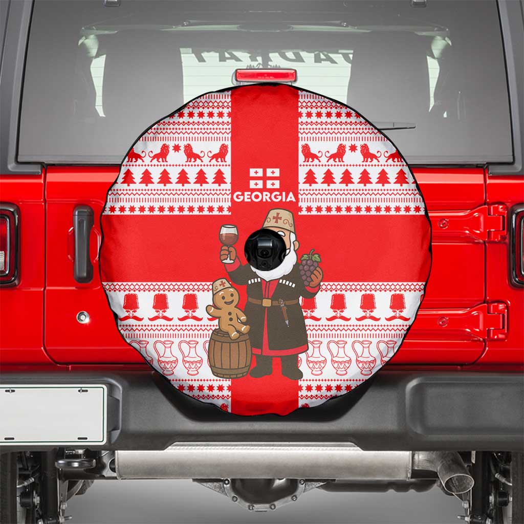 Georgia Christmas Spare Tire Cover with Santa in Chokha Wine Barrel Gingerbread and Coat of Arms Design - Wonder Print Shop