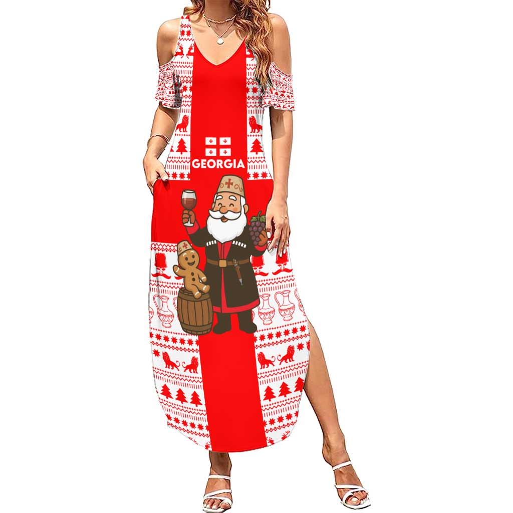 Georgia Christmas Summer Maxi Dress with Santa in Chokha Wine Barrel Gingerbread and Coat of Arms Design - Wonder Print Shop