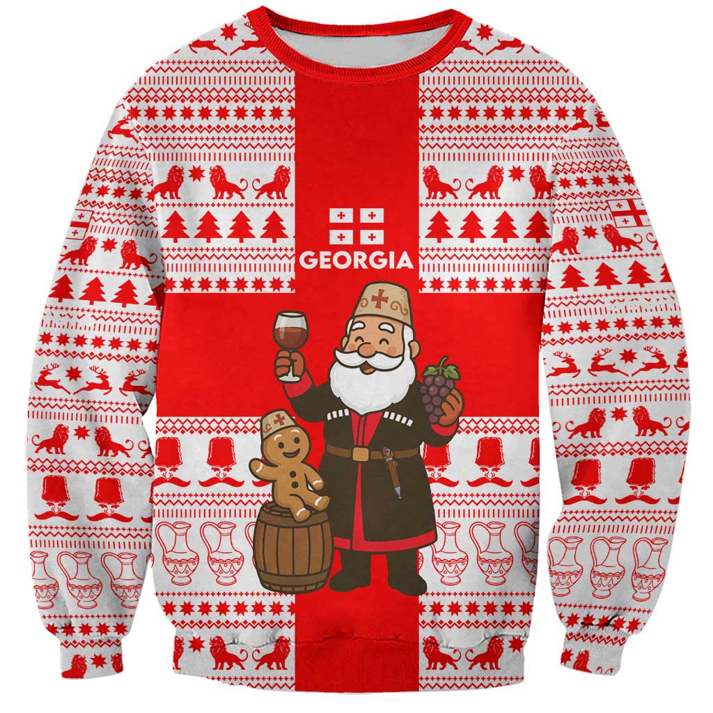 Georgia Christmas Sweatshirt with Santa in Chokha Wine Barrel Gingerbread and Coat of Arms Design - Wonder Print Shop