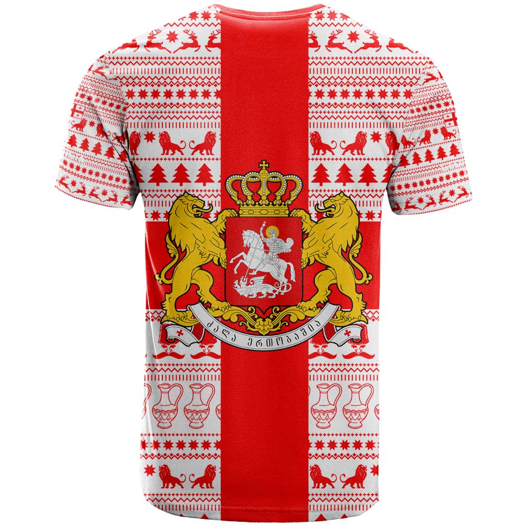 Georgia Christmas T Shirt with Santa in Chokha Wine Barrel Gingerbread and Coat of Arms Design - Wonder Print Shop