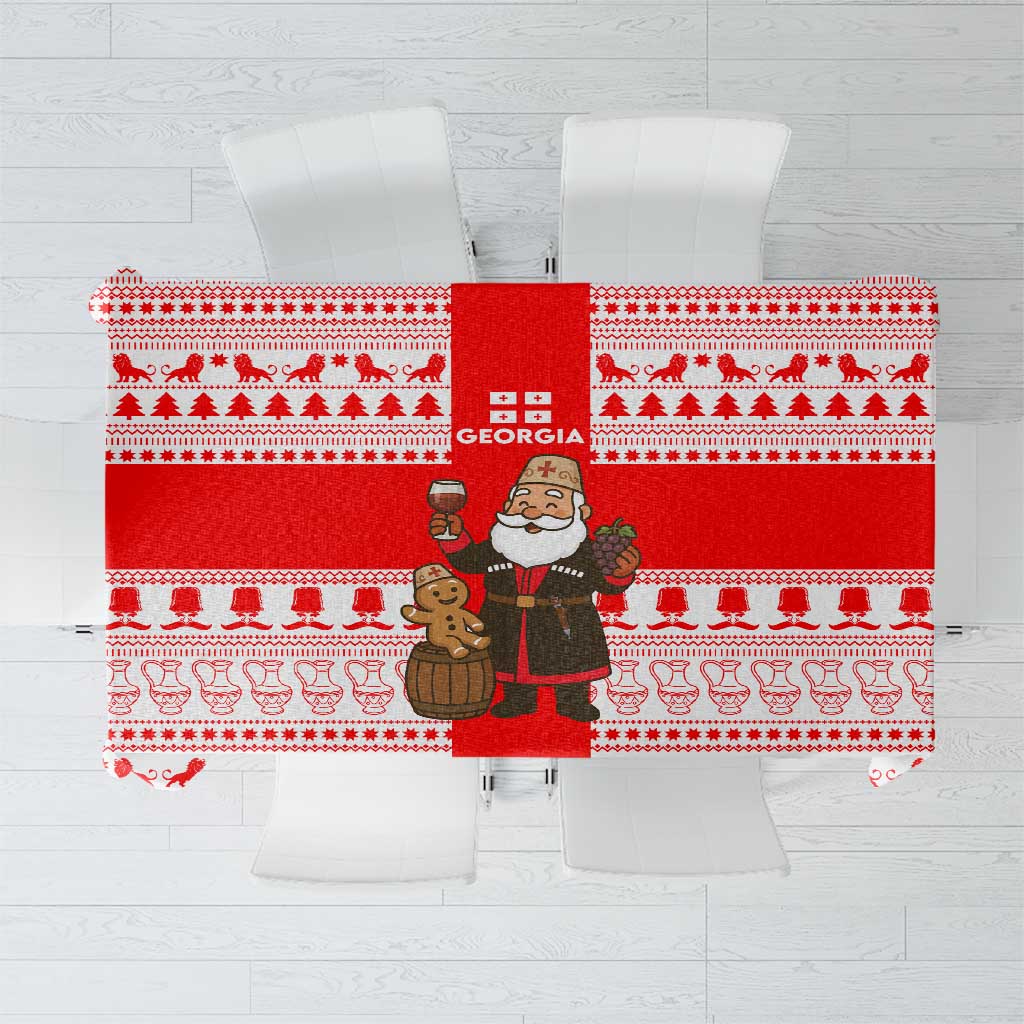 Georgia Christmas Tablecloth with Santa in Chokha Wine Barrel Gingerbread and Coat of Arms Design - Wonder Print Shop