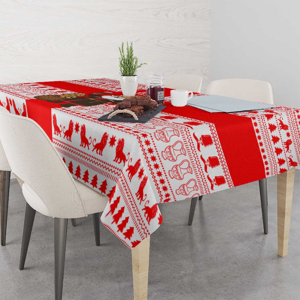 Georgia Christmas Tablecloth with Santa in Chokha Wine Barrel Gingerbread and Coat of Arms Design - Wonder Print Shop