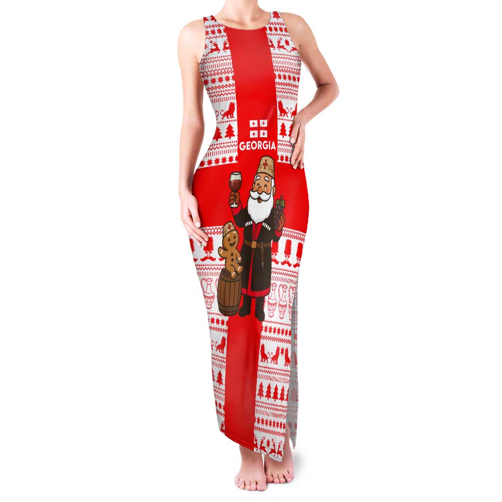 Georgia Christmas Tank Maxi Dress with Santa in Chokha Wine Barrel Gingerbread and Coat of Arms Design - Wonder Print Shop