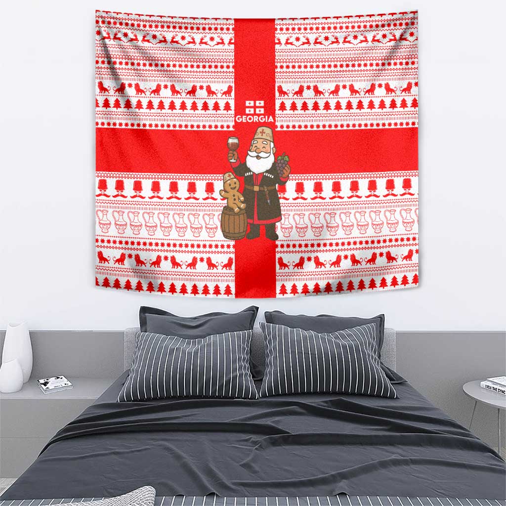 Georgia Christmas Tapestry with Santa in Chokha Wine Barrel Gingerbread and Coat of Arms Design - Wonder Print Shop