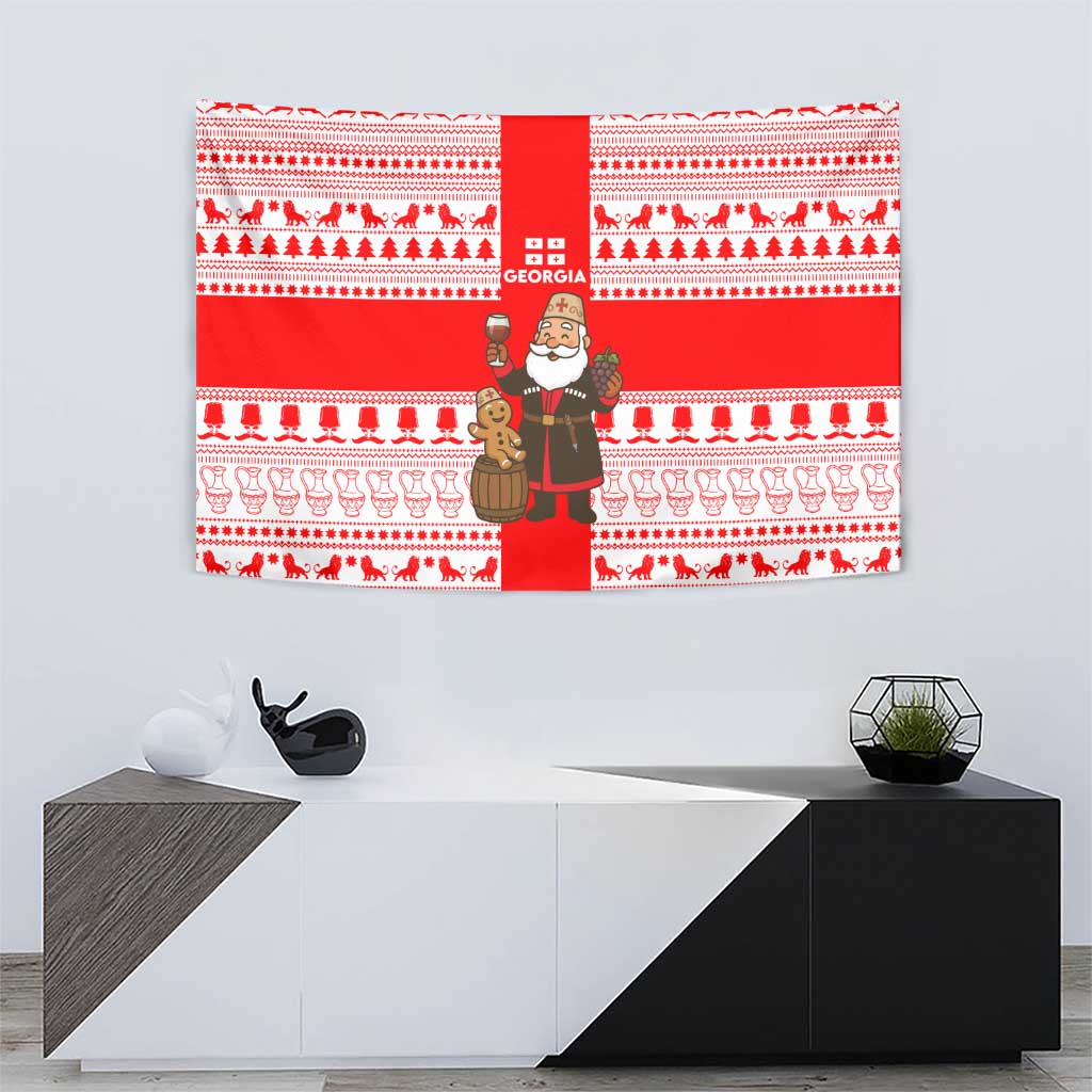 Georgia Christmas Tapestry with Santa in Chokha Wine Barrel Gingerbread and Coat of Arms Design - Wonder Print Shop