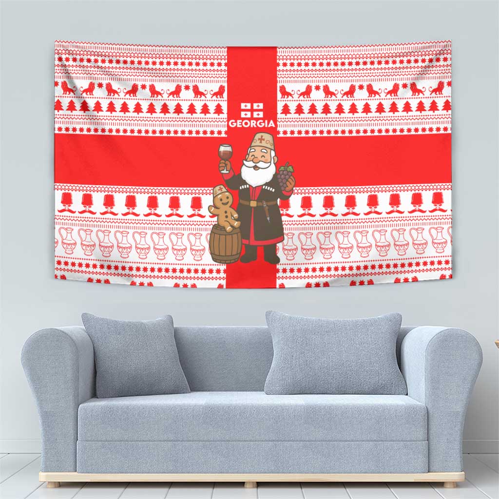 Georgia Christmas Tapestry with Santa in Chokha Wine Barrel Gingerbread and Coat of Arms Design - Wonder Print Shop