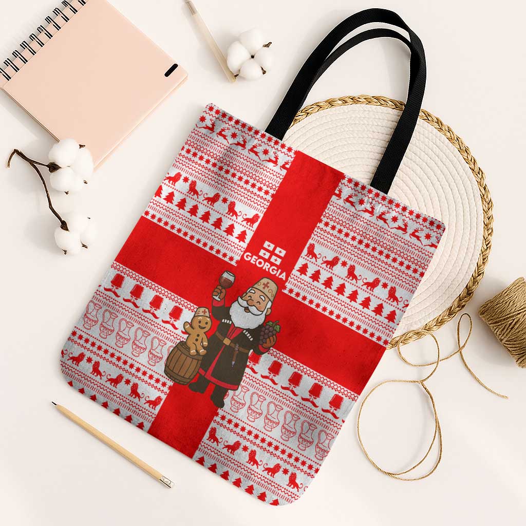 Georgia Christmas Tote Bag with Santa in Chokha Wine Barrel Gingerbread and Coat of Arms Design - Wonder Print Shop
