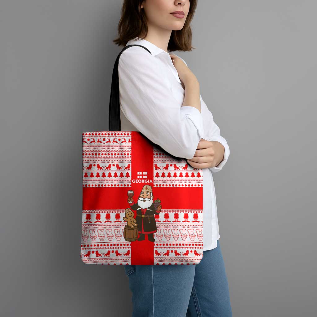 Georgia Christmas Tote Bag with Santa in Chokha Wine Barrel Gingerbread and Coat of Arms Design - Wonder Print Shop