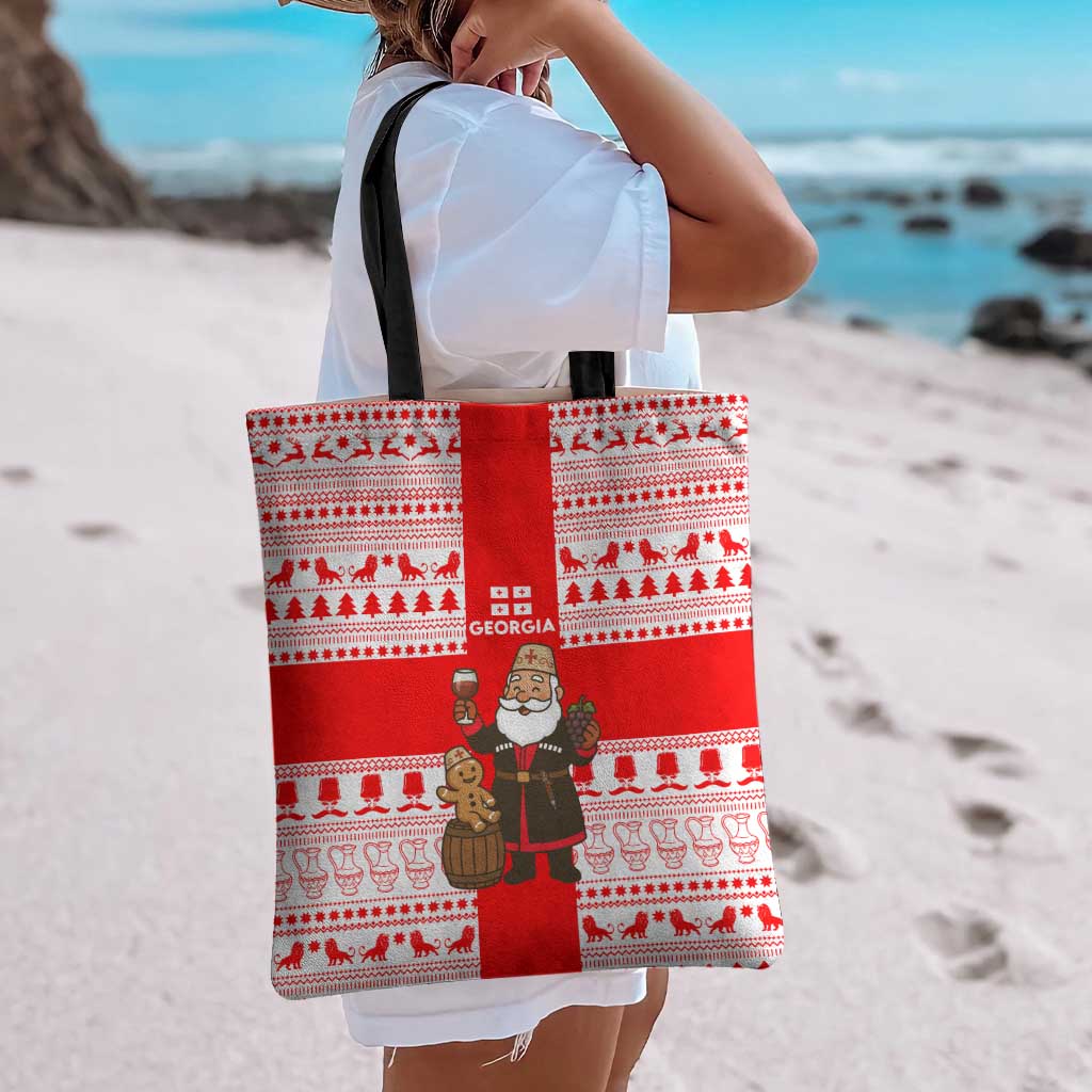 Georgia Christmas Tote Bag with Santa in Chokha Wine Barrel Gingerbread and Coat of Arms Design - Wonder Print Shop