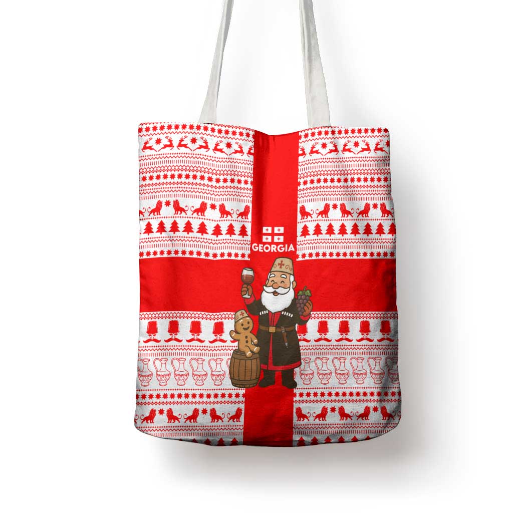 Georgia Christmas Tote Bag with Santa in Chokha Wine Barrel Gingerbread and Coat of Arms Design - Wonder Print Shop