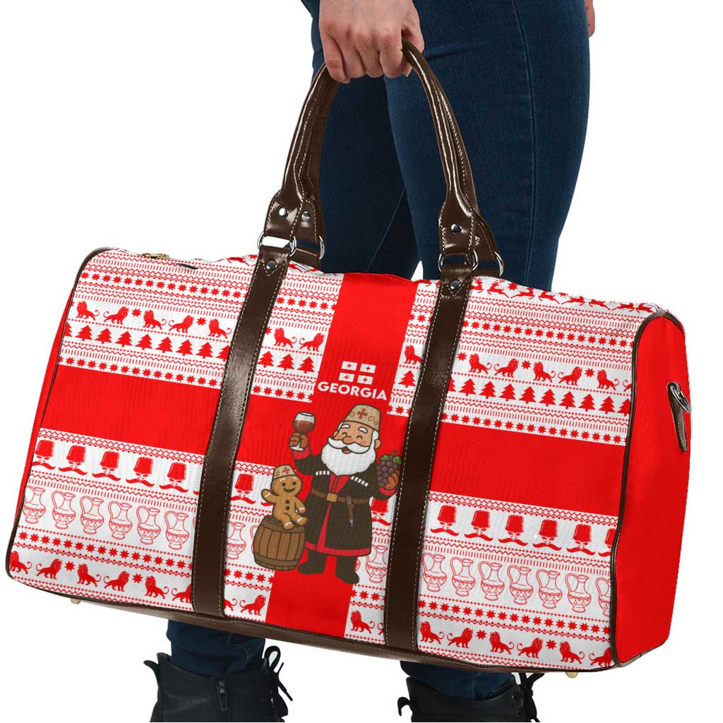 Georgia Christmas Travel Bag with Santa in Chokha Wine Barrel Gingerbread and Coat of Arms Design - Wonder Print Shop