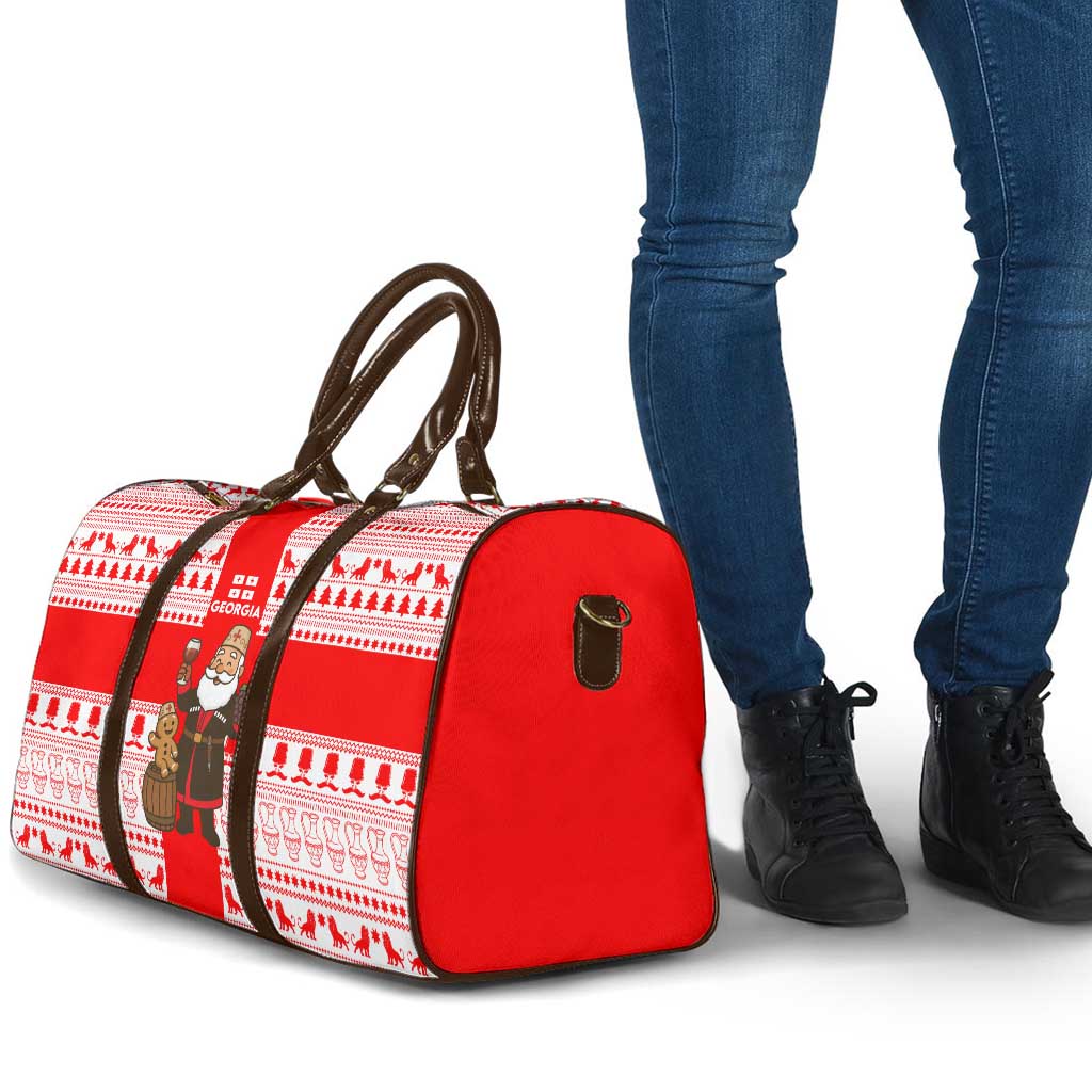 Georgia Christmas Travel Bag with Santa in Chokha Wine Barrel Gingerbread and Coat of Arms Design - Wonder Print Shop