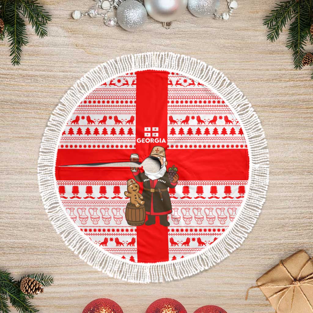 Georgia Christmas Tree Skirt with Santa in Chokha Wine Barrel Gingerbread and Coat of Arms Design - Wonder Print Shop