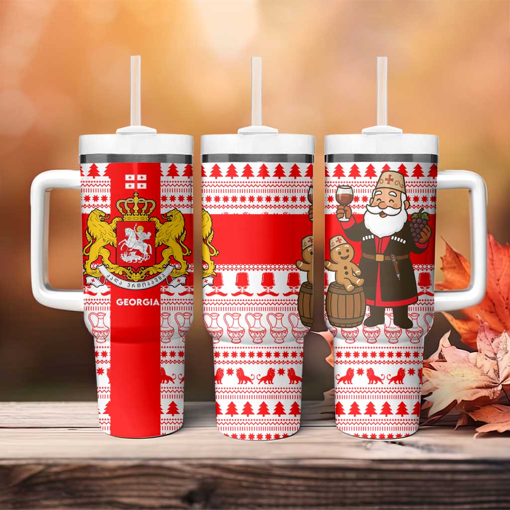 Georgia Christmas Tumbler With Handle with Santa in Chokha Wine Barrel Gingerbread and Coat of Arms Design - Wonder Print Shop