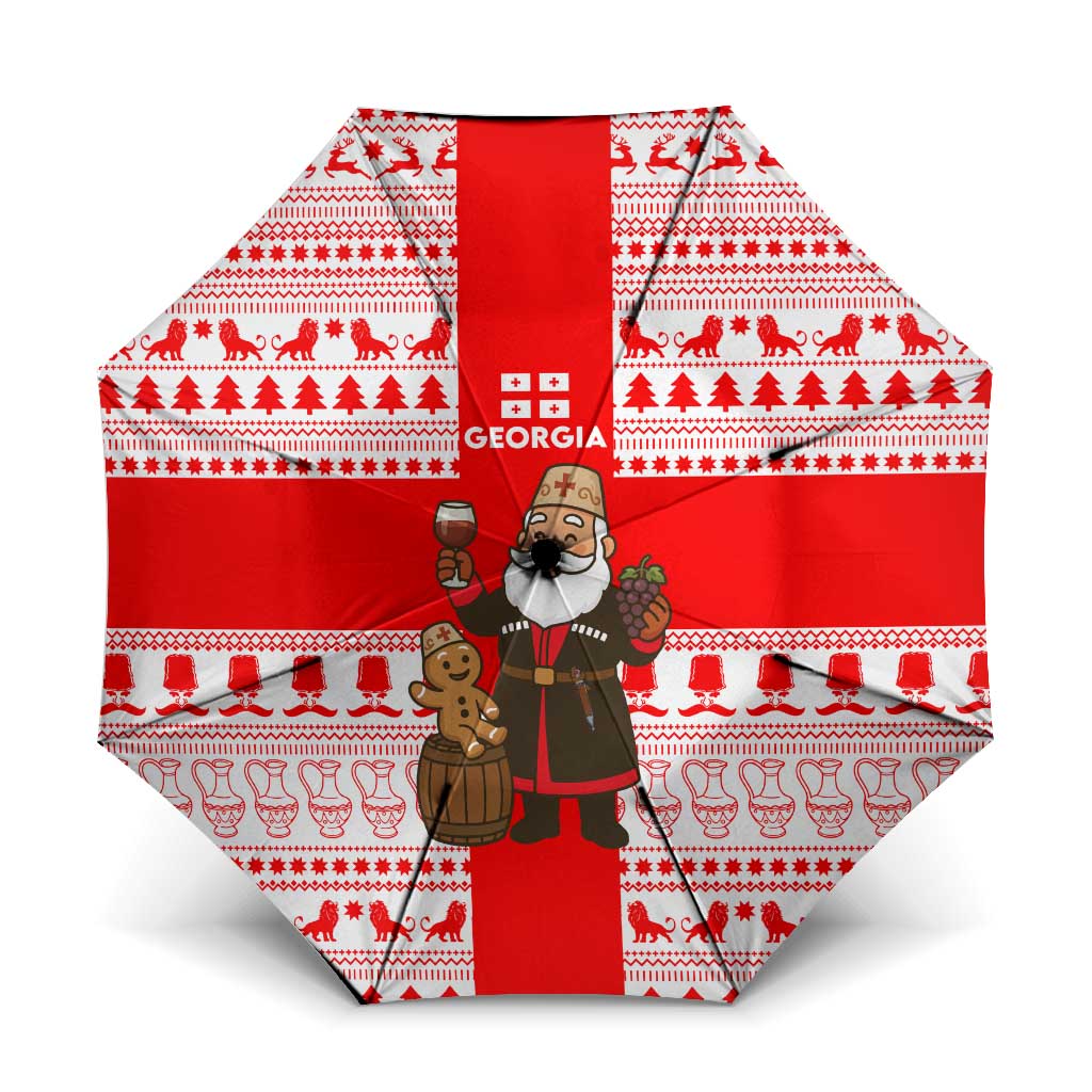 Georgia Christmas Umbrella with Santa in Chokha Wine Barrel Gingerbread and Coat of Arms Design - Wonder Print Shop