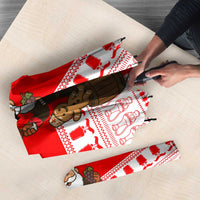 Georgia Christmas Umbrella with Santa in Chokha Wine Barrel Gingerbread and Coat of Arms Design - Wonder Print Shop