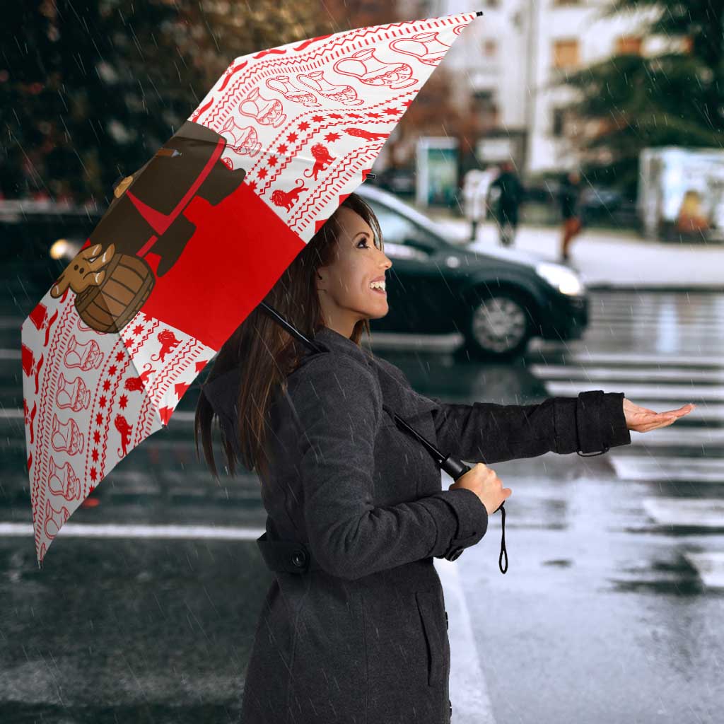 Georgia Christmas Umbrella with Santa in Chokha Wine Barrel Gingerbread and Coat of Arms Design - Wonder Print Shop