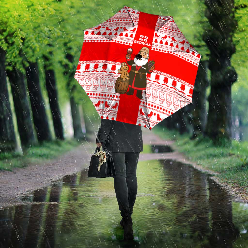 Georgia Christmas Umbrella with Santa in Chokha Wine Barrel Gingerbread and Coat of Arms Design - Wonder Print Shop