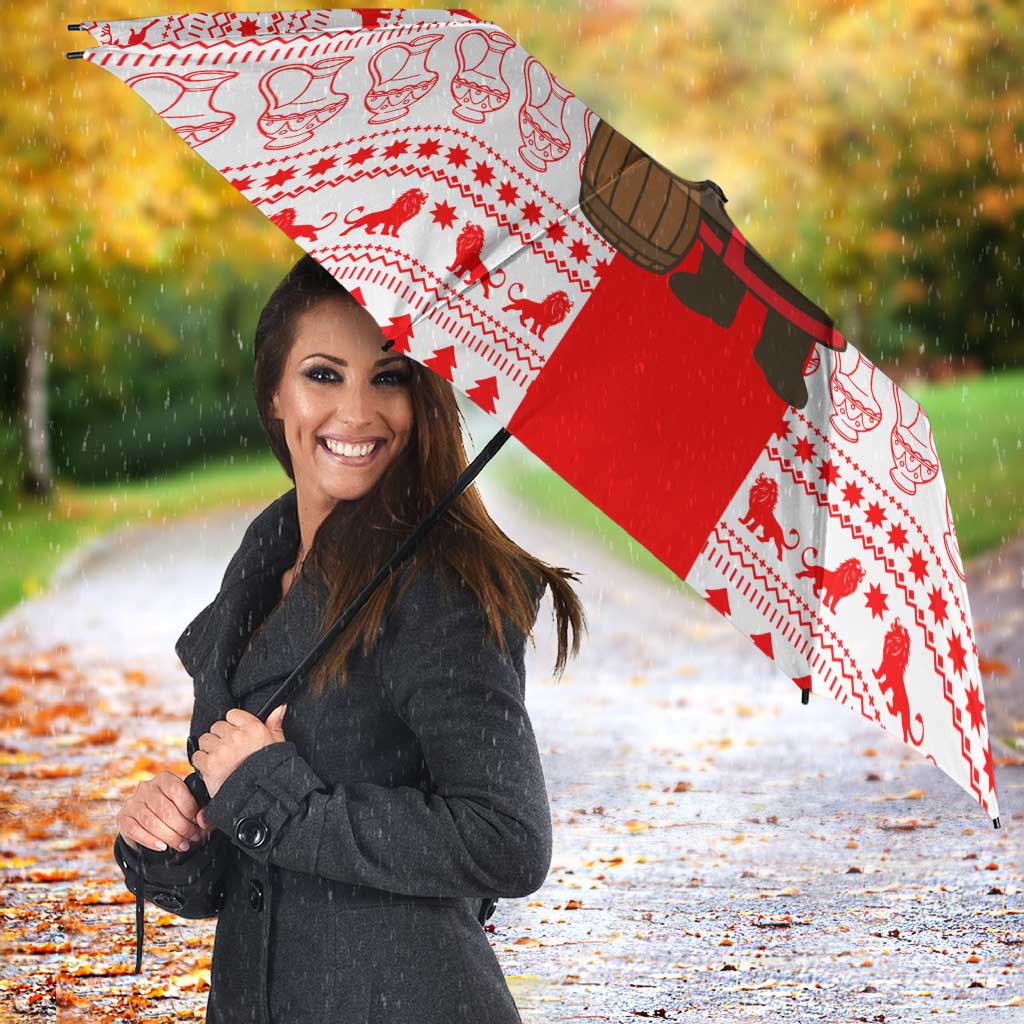 Georgia Christmas Umbrella with Santa in Chokha Wine Barrel Gingerbread and Coat of Arms Design - Wonder Print Shop