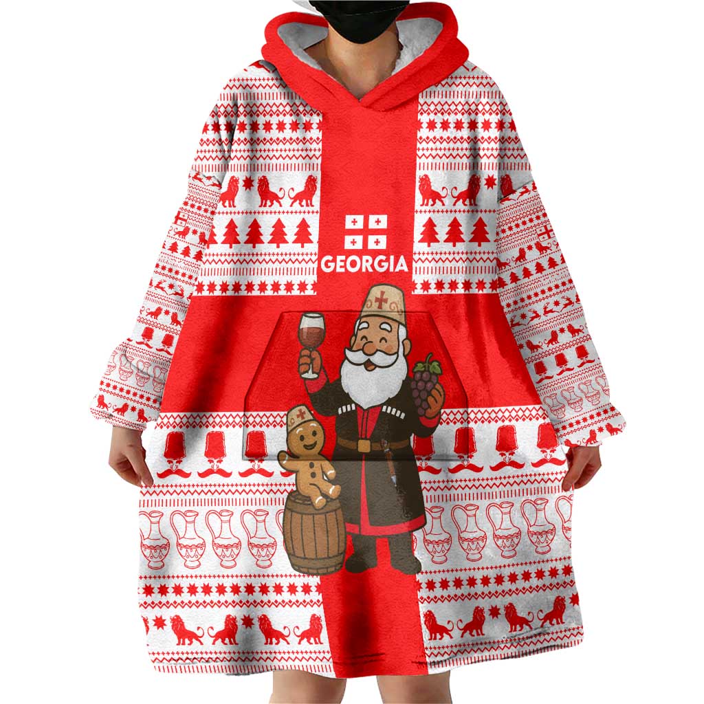 Georgia Christmas Wearable Blanket Hoodie with Santa in Chokha Wine Barrel Gingerbread and Coat of Arms Design - Wonder Print Shop