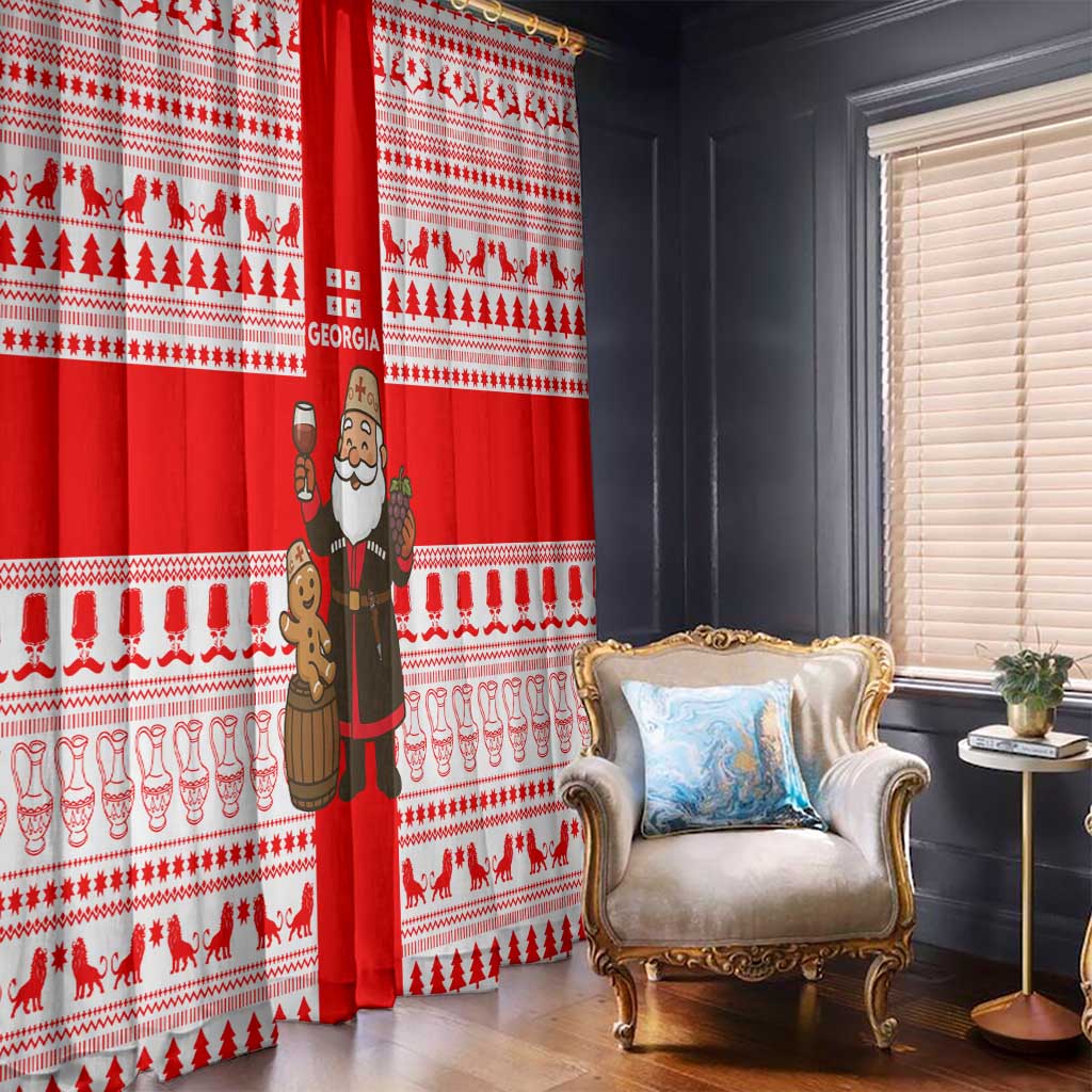 Georgia Christmas Window Curtain with Santa in Chokha Wine Barrel Gingerbread and Coat of Arms Design - Wonder Print Shop