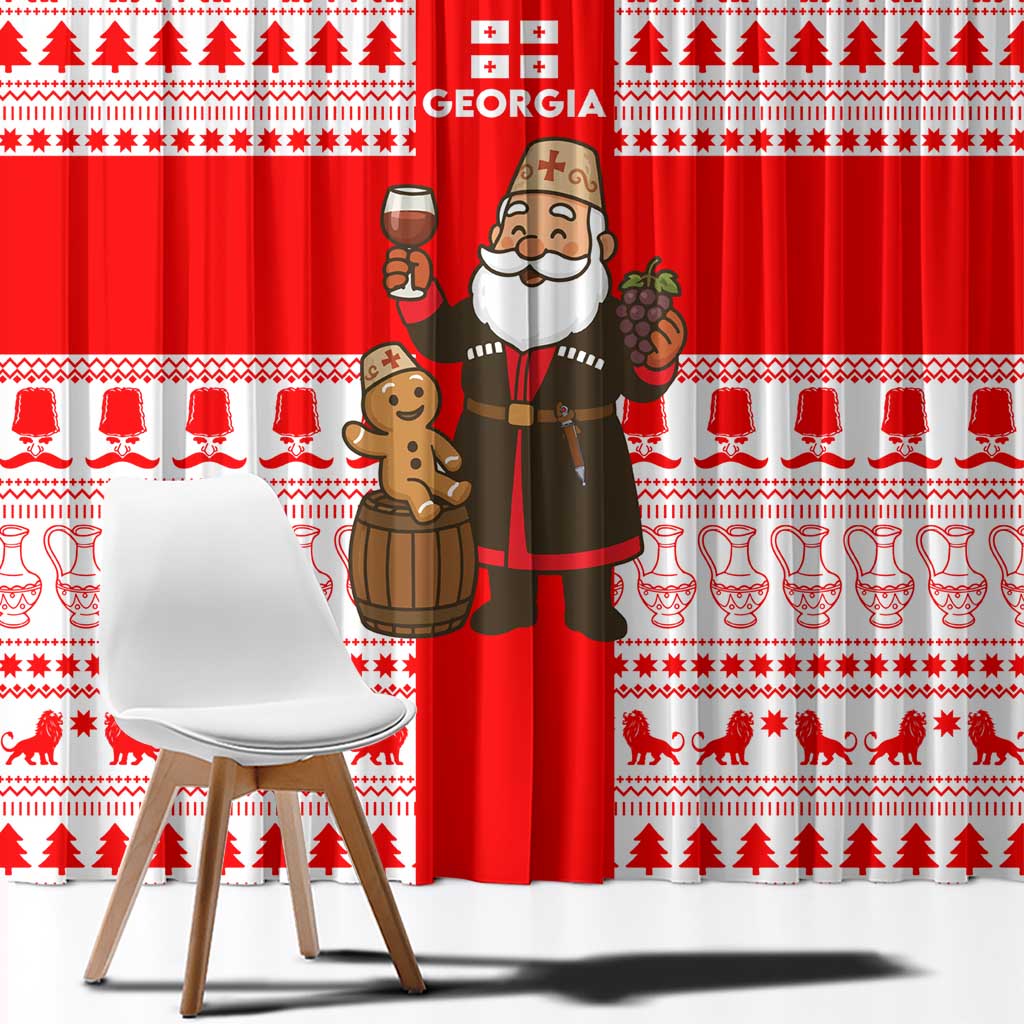 Georgia Christmas Window Curtain with Santa in Chokha Wine Barrel Gingerbread and Coat of Arms Design - Wonder Print Shop