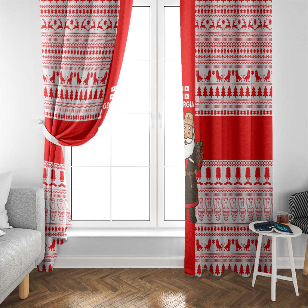 Georgia Christmas Window Curtain with Santa in Chokha Wine Barrel Gingerbread and Coat of Arms Design - Wonder Print Shop