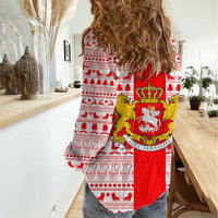 Georgia Christmas Women Casual Shirt with Santa in Chokha Wine Barrel Gingerbread and Coat of Arms Design - Wonder Print Shop