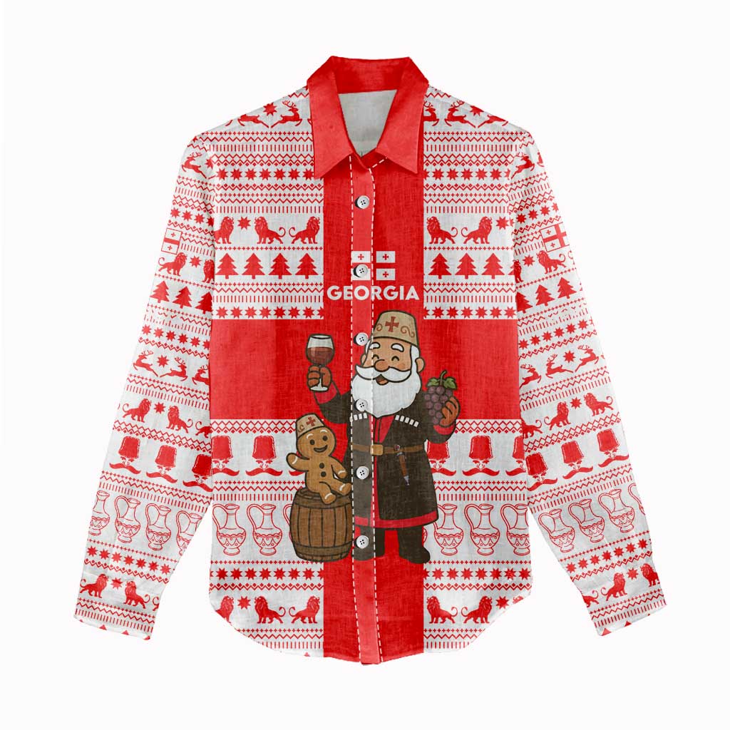 Georgia Christmas Women Casual Shirt with Santa in Chokha Wine Barrel Gingerbread and Coat of Arms Design - Wonder Print Shop