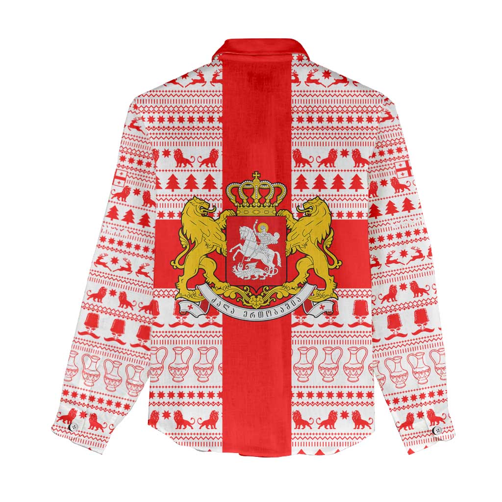 Georgia Christmas Women Casual Shirt with Santa in Chokha Wine Barrel Gingerbread and Coat of Arms Design - Wonder Print Shop