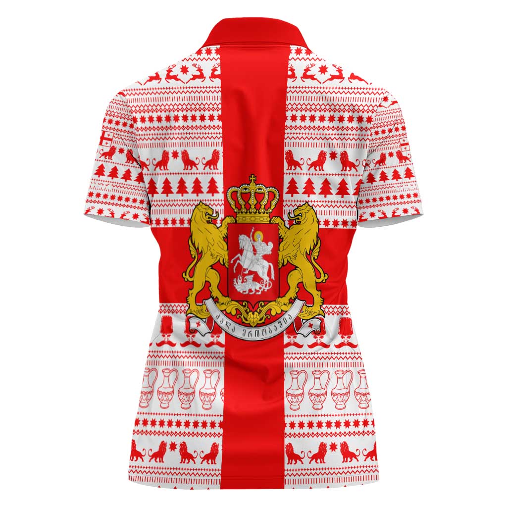 Georgia Christmas Women Polo Shirt with Santa in Chokha Wine Barrel Gingerbread and Coat of Arms Design - Wonder Print Shop