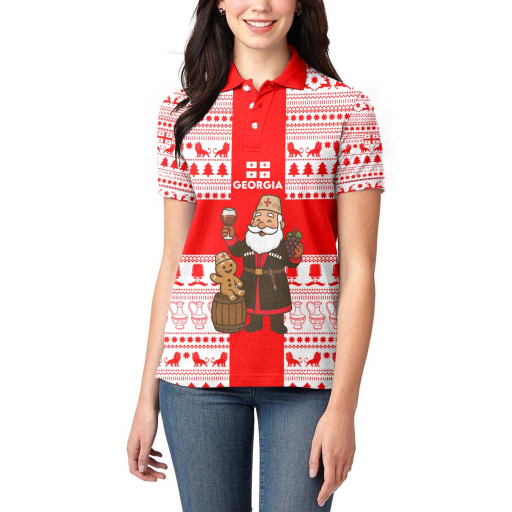 Georgia Christmas Women Polo Shirt with Santa in Chokha Wine Barrel Gingerbread and Coat of Arms Design - Wonder Print Shop