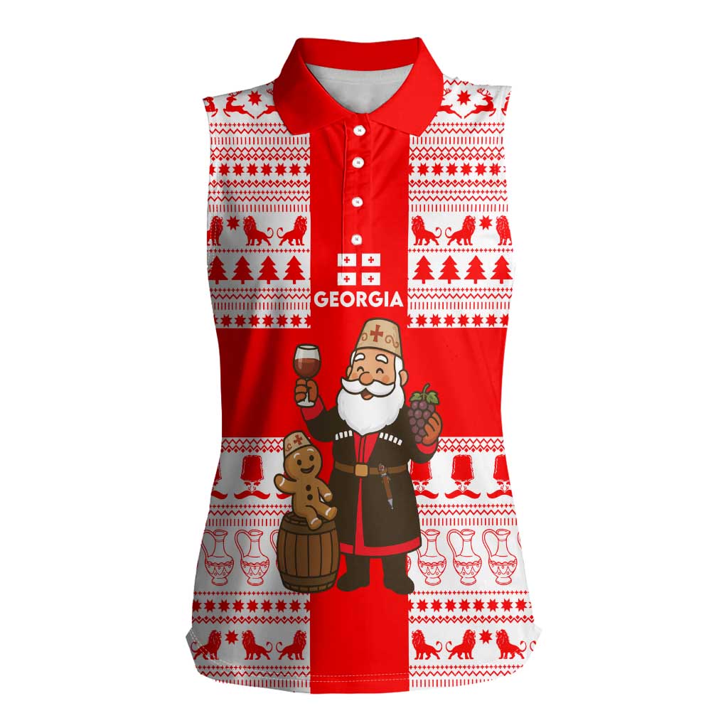 Georgia Christmas Women Sleeveless Polo Shirt with Santa in Chokha Wine Barrel Gingerbread and Coat of Arms Design - Wonder Print Shop