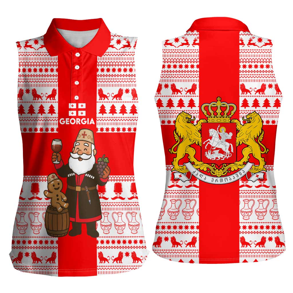 Georgia Christmas Women Sleeveless Polo Shirt with Santa in Chokha Wine Barrel Gingerbread and Coat of Arms Design - Wonder Print Shop