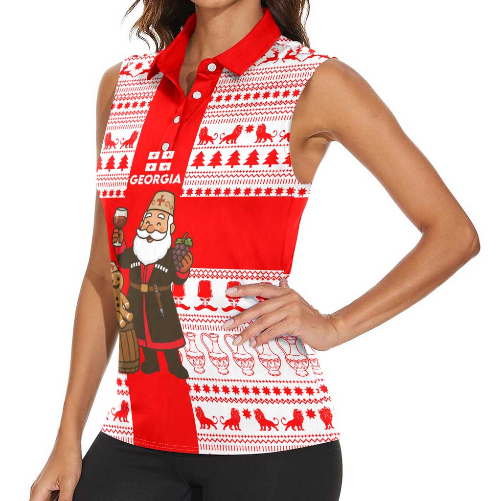 Georgia Christmas Women Sleeveless Polo Shirt with Santa in Chokha Wine Barrel Gingerbread and Coat of Arms Design - Wonder Print Shop