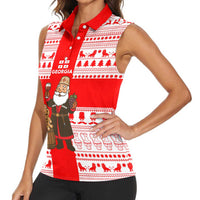 Georgia Christmas Women Sleeveless Polo Shirt with Santa in Chokha Wine Barrel Gingerbread and Coat of Arms Design - Wonder Print Shop