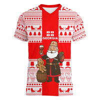Georgia Christmas Women V-Neck T-Shirt with Santa in Chokha Wine Barrel Gingerbread and Coat of Arms Design - Wonder Print Shop