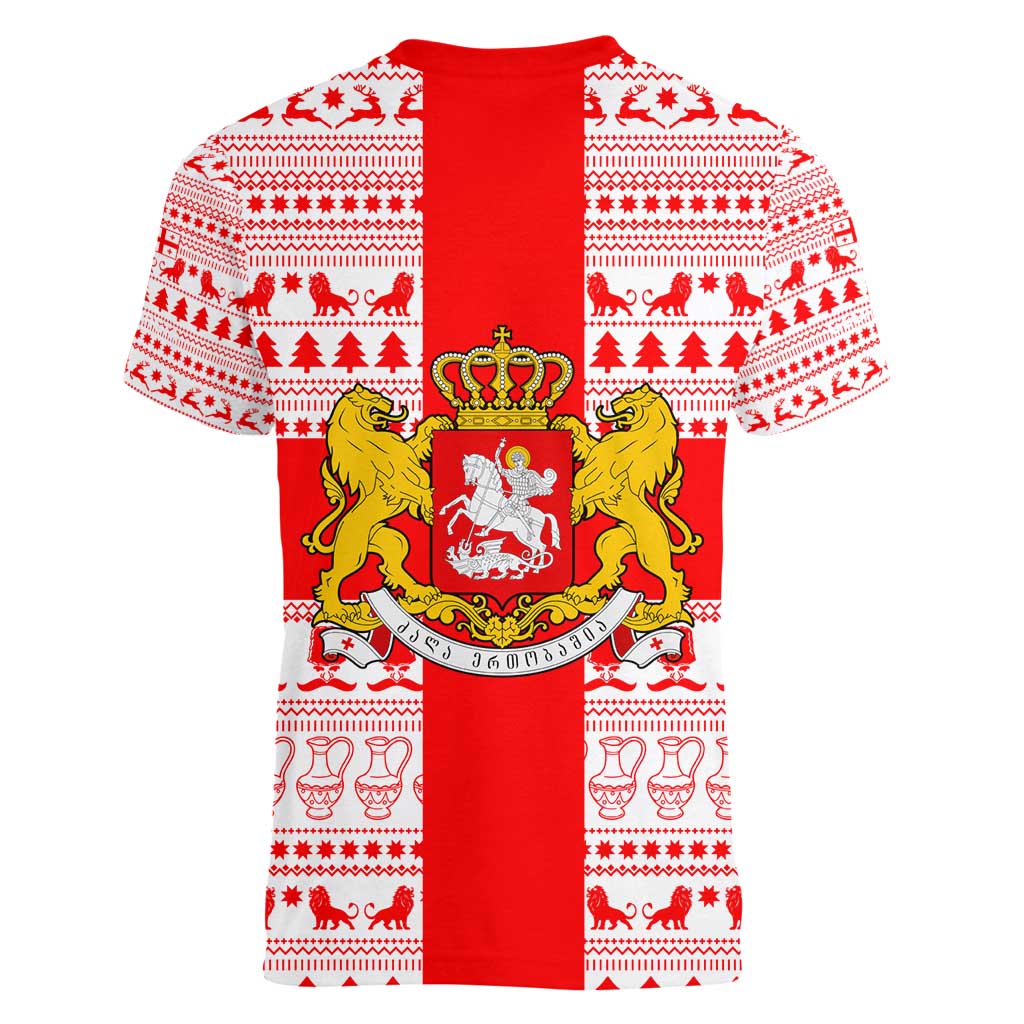 Georgia Christmas Women V-Neck T-Shirt with Santa in Chokha Wine Barrel Gingerbread and Coat of Arms Design - Wonder Print Shop