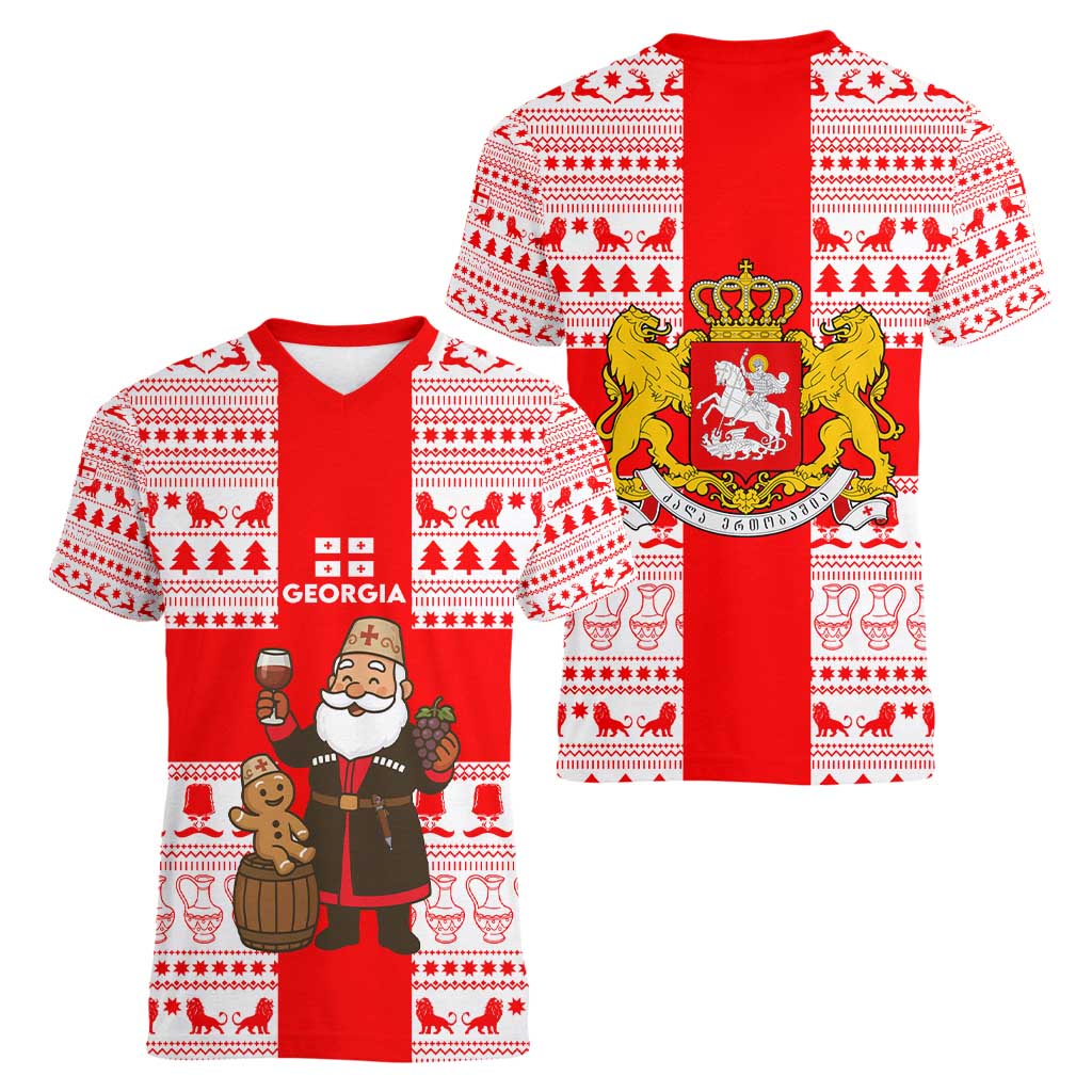 Georgia Christmas Women V-Neck T-Shirt with Santa in Chokha Wine Barrel Gingerbread and Coat of Arms Design - Wonder Print Shop
