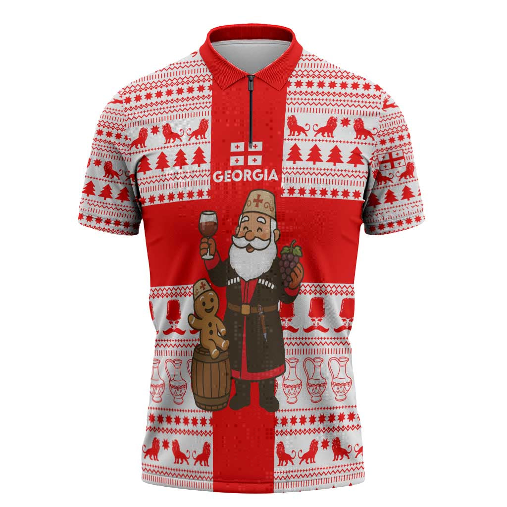 Georgia Christmas Zipper Polo Shirt with Santa in Chokha Wine Barrel Gingerbread and Coat of Arms Design - Wonder Print Shop