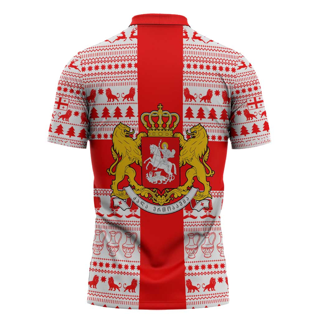 Georgia Christmas Zipper Polo Shirt with Santa in Chokha Wine Barrel Gingerbread and Coat of Arms Design - Wonder Print Shop