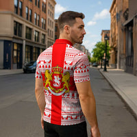 Georgia Christmas Zipper Polo Shirt with Santa in Chokha Wine Barrel Gingerbread and Coat of Arms Design - Wonder Print Shop